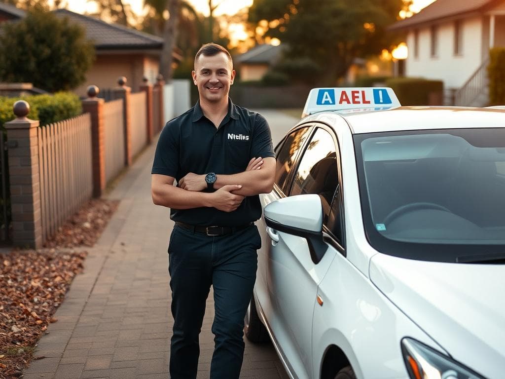 Professional Sydney driving instructor standing next to dual-control car