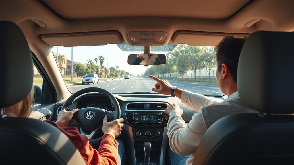 Inside view of a driving lesson in Sydney, instructor guiding learner on suburban road