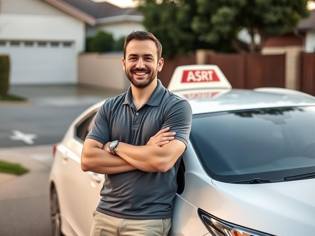Professional driving instructor standing beside his dual-control car in Sydney