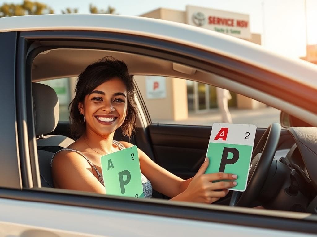 Learner driver celebrating passing her driving test at Service NSW, holding P plates