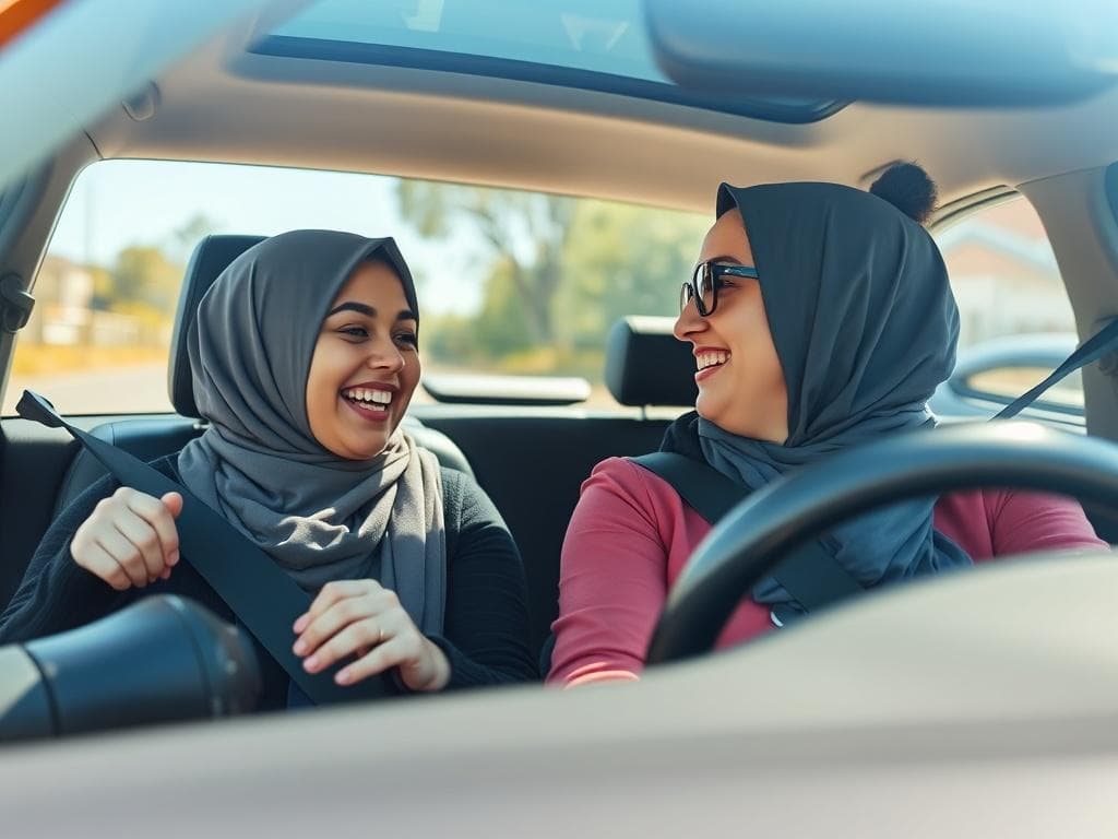 Two women laughing during a driving lesson in Sydney, multicultural learning