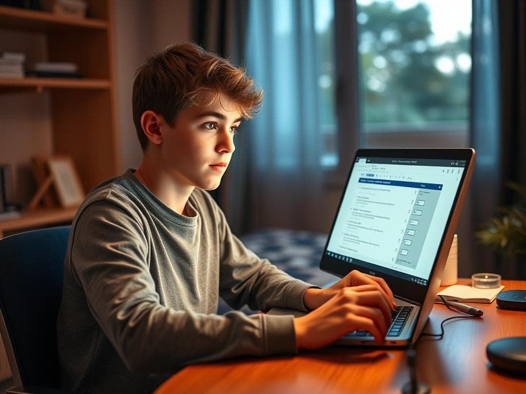 Teenager studying for the NSW Driver Knowledge Test on a laptop