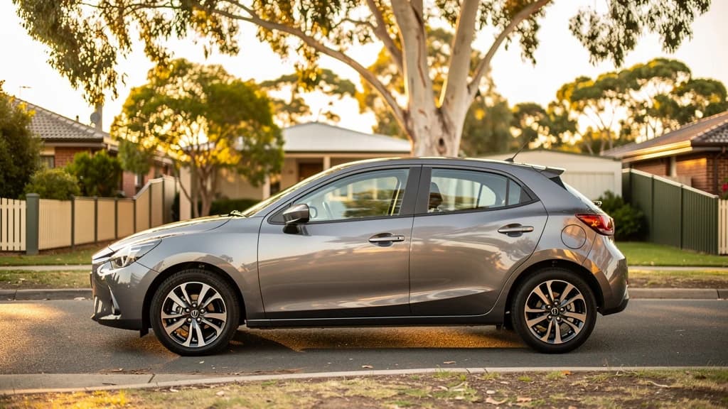 Grey hatchback parked on a quiet suburban street in Parramatta, NSW, used for driving lessons.