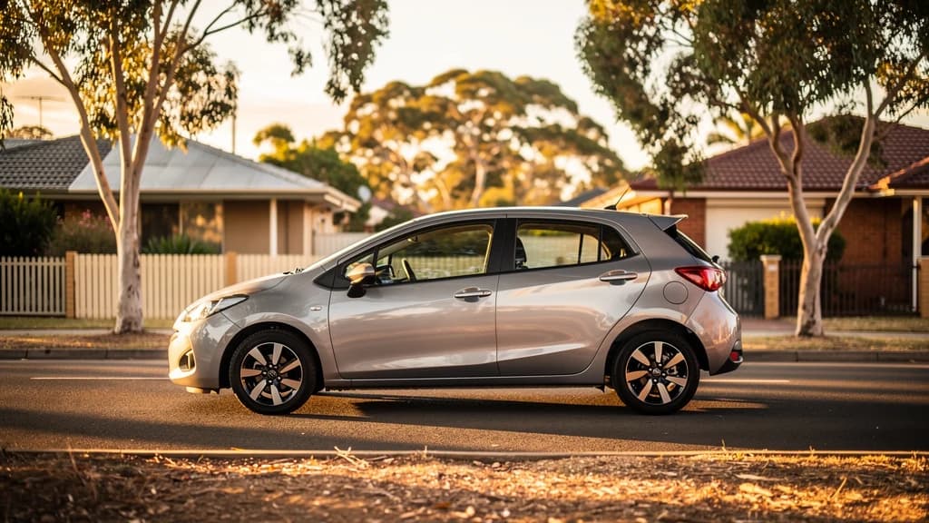 Silver hatchback parked on a quiet Blacktown suburban street lined with gum trees at golden hour.