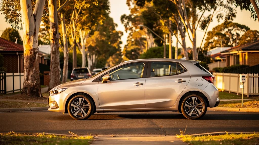 Silver hatchback parked on a quiet residential street in Blacktown at golden hour, surrounded by gum trees.