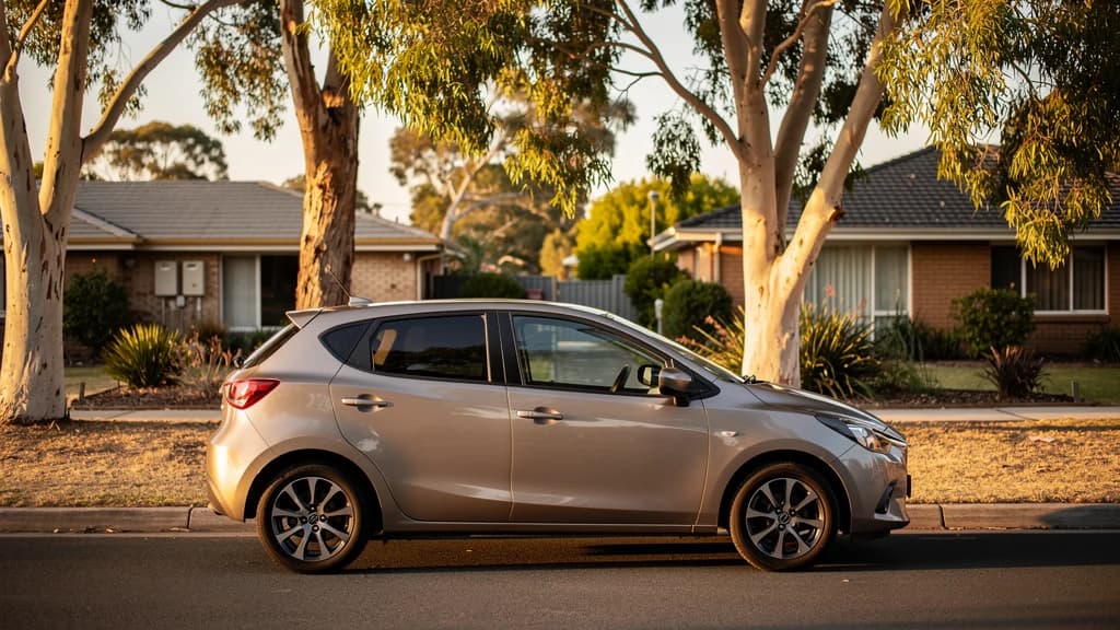 Silver hatchback parked on a quiet residential street in Parramatta, surrounded by gum trees in warm afternoon light.