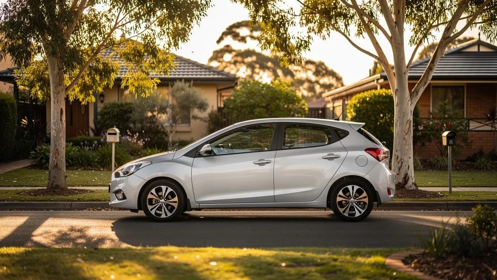 Silver hatchback parked on a quiet suburban Australian street lined with gum trees at golden hour.