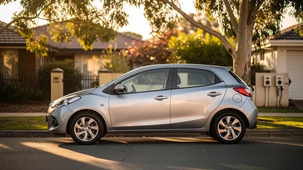 Silver hatchback parked on a quiet suburban street in Parramatta during golden hour, ready for a manual driving lesson.
