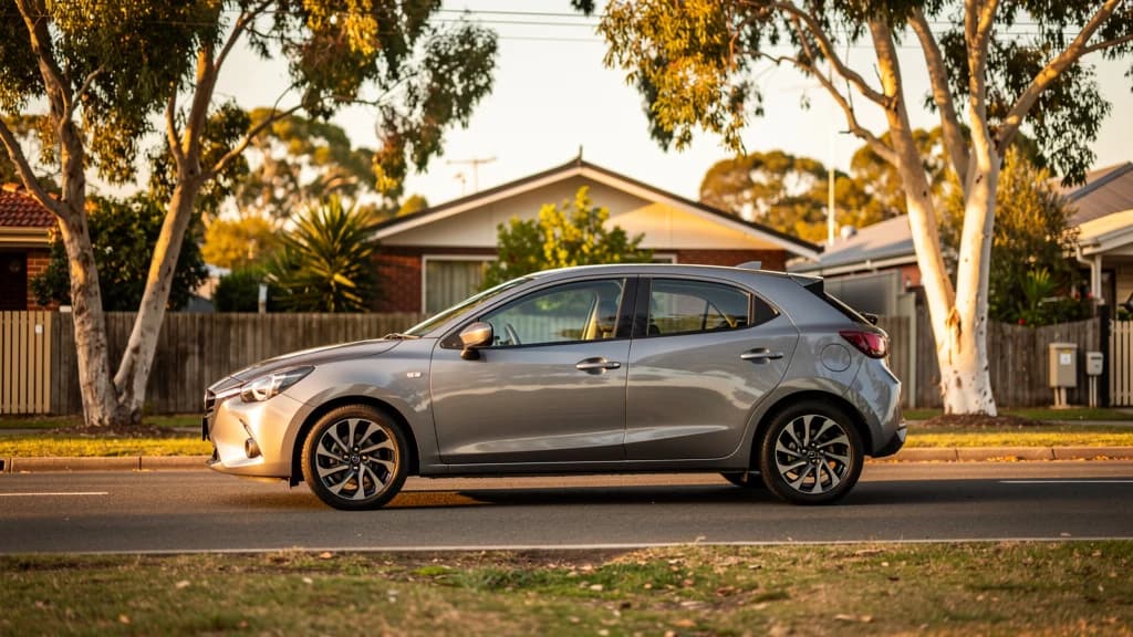 Silver Mazda 2 hatchback parked on a quiet residential street in Liverpool NSW at golden hour