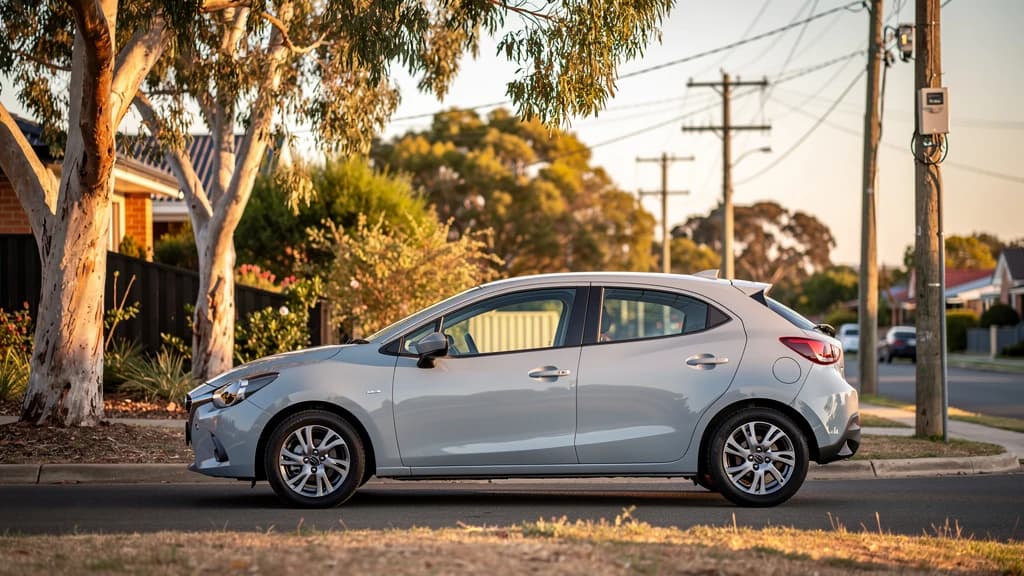 Silver Mazda 2 hatchback parked on a quiet suburban street in Blacktown, NSW, at golden hour.