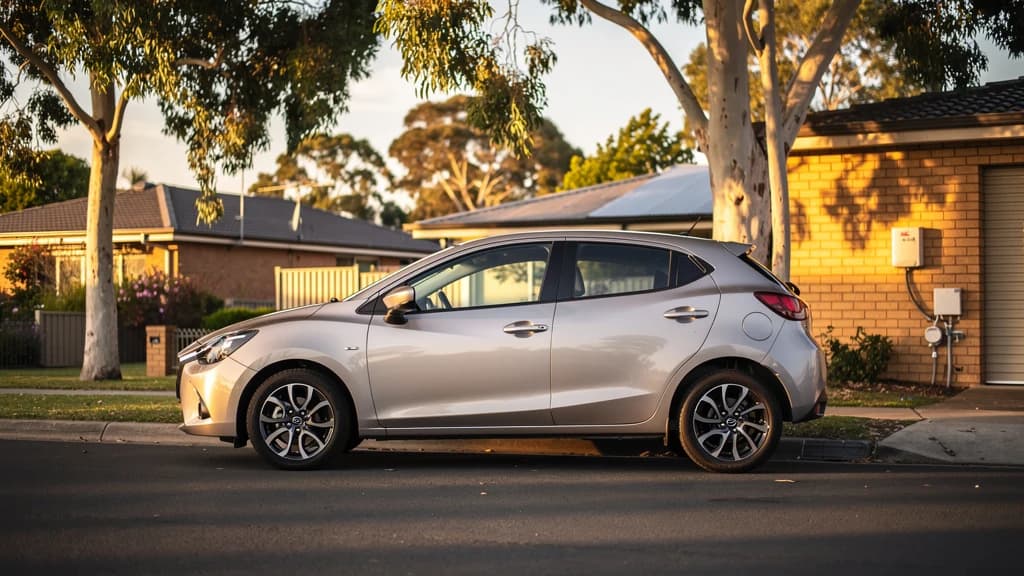 Silver Mazda2 hatchback parked on a quiet residential street in Liverpool, NSW at golden hour.
