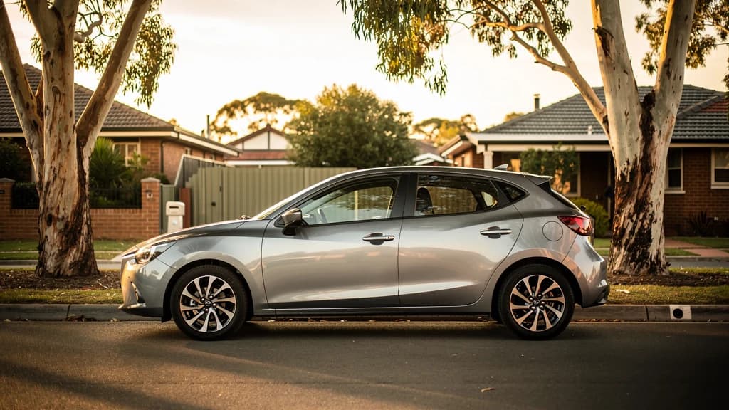 Silver Mazda2 hatchback parked on a quiet residential street in Blacktown, Sydney, at golden hour.