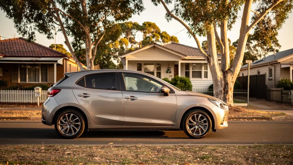 Silver Mazda2 hatchback parked on a quiet residential street in Parramatta at golden hour.