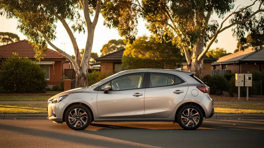 Silver Mazda2 hatchback parked on a quiet suburban street in Parramatta, surrounded by eucalyptus trees at golden hour.