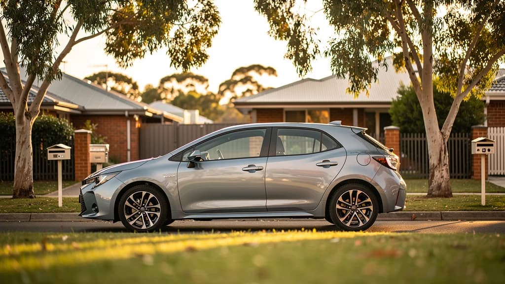 Silver Toyota Corolla hatchback parked on a leafy suburban street in Parramatta, typical of local driving lesson routes.