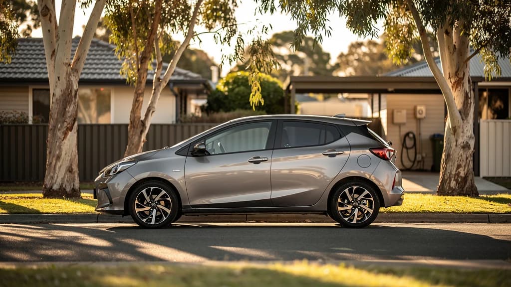 Silver Toyota hatchback parked on a quiet suburban Australian street beneath gum trees at golden hour.