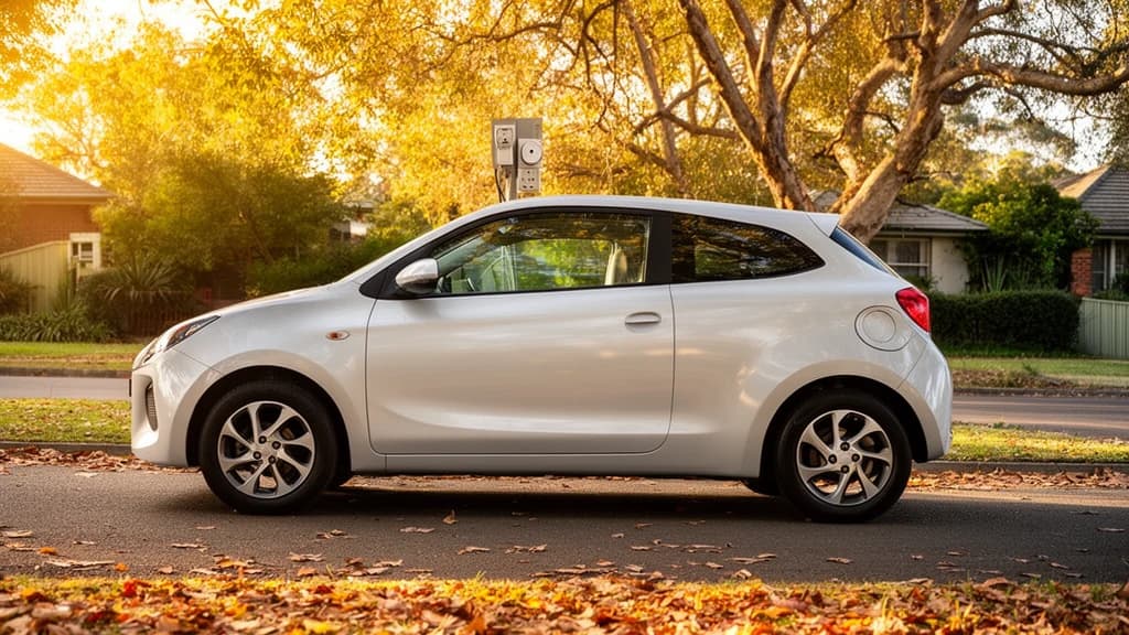 A white hatchback parked on a quiet leafy suburban street in Parramatta at golden hour