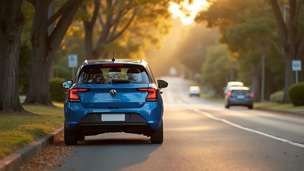 Blue VW hatchback driving along a tree-lined suburban street in Brisbane at golden hour