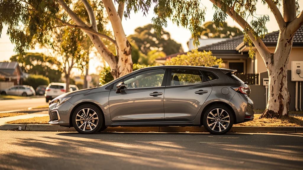 Grey hatchback parked on a quiet Frankston suburban street beneath eucalyptus trees at golden hour.