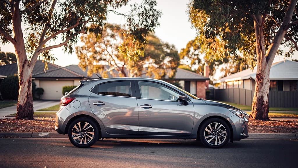 Grey Mazda2 hatchback parked on a quiet suburban street in Armadale, surrounded by native gum trees.