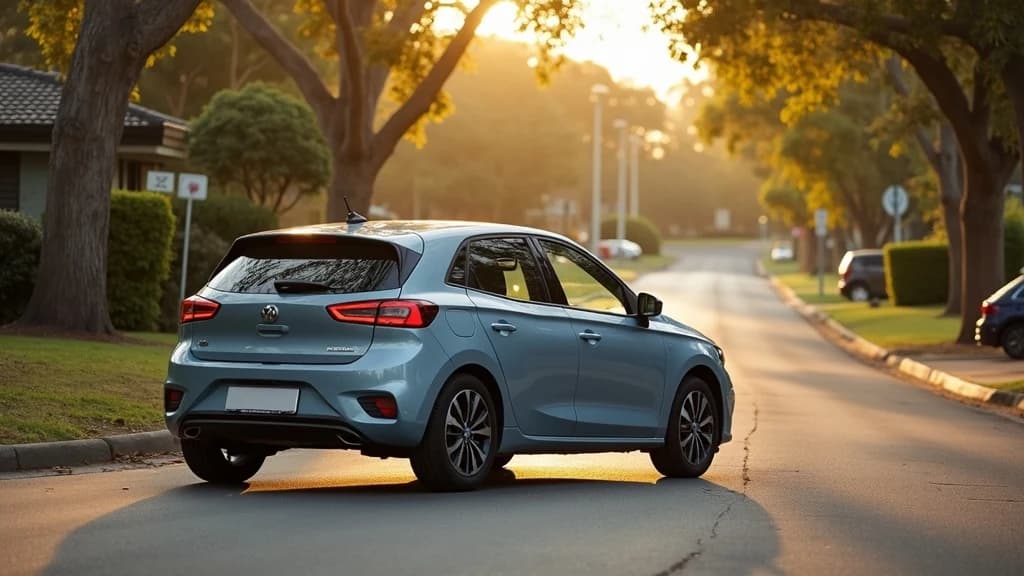 Light blue hatchback parked on a quiet tree-lined suburban street in Melbourne at golden hour.
