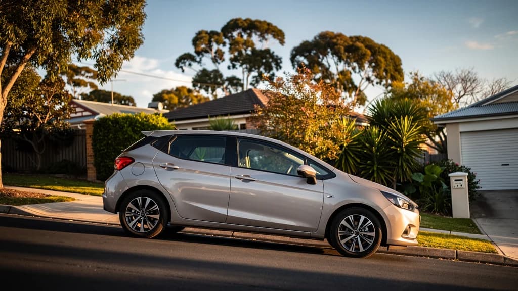 Silver hatchback parked on a quiet residential street in Australia at golden hour, eucalyptus trees in background.
