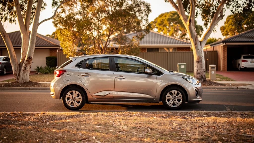 Silver hatchback parked on a quiet residential street in Berwick, surrounded by gum trees at golden hour.