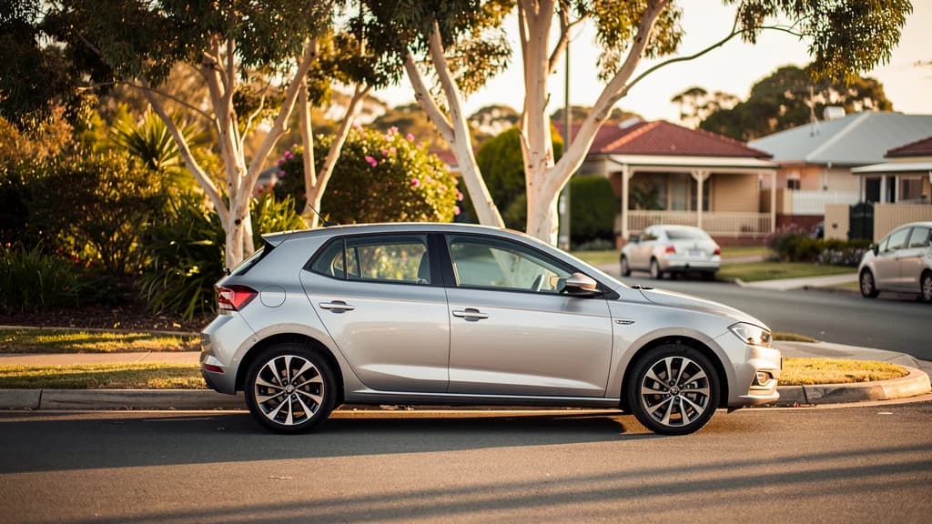 Silver hatchback parked on a quiet residential street in Box Hill, surrounded by gum trees and brick homes.