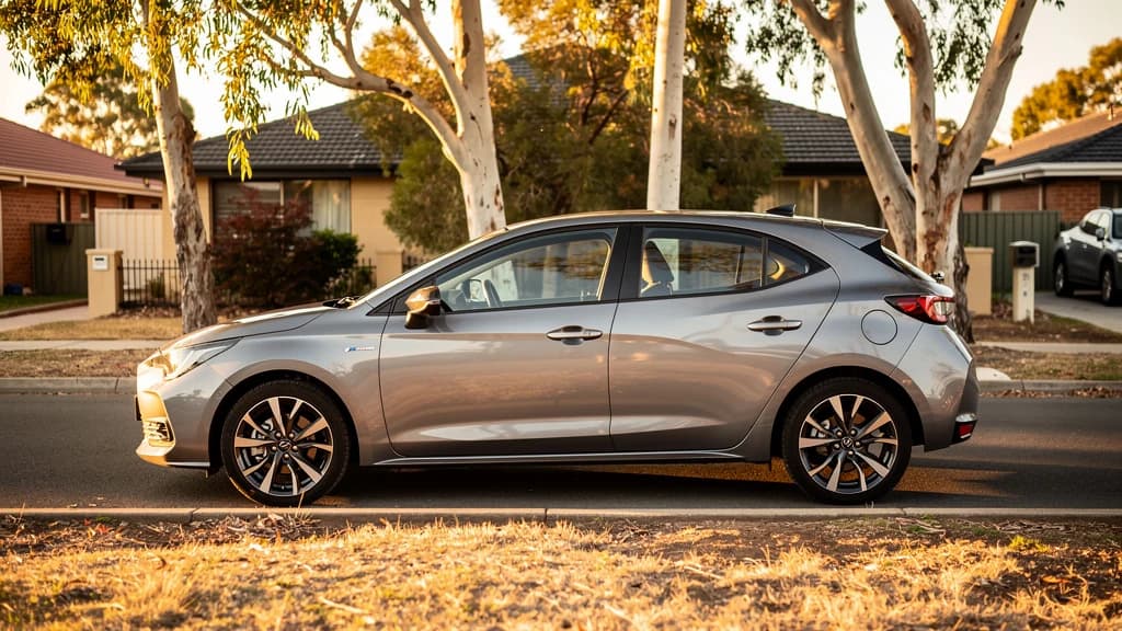 Silver hatchback parked on a quiet residential street in Box Hill, Australia, surrounded by gum trees at golden hour.