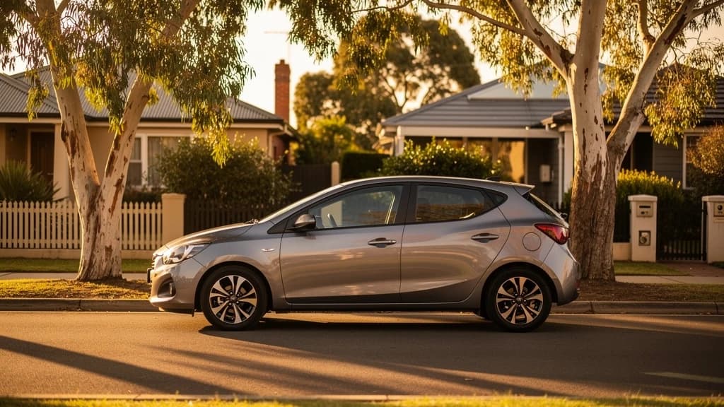 Silver hatchback parked on a quiet residential street in Campbelltown, Australia, at golden hour with gum trees and period homes.