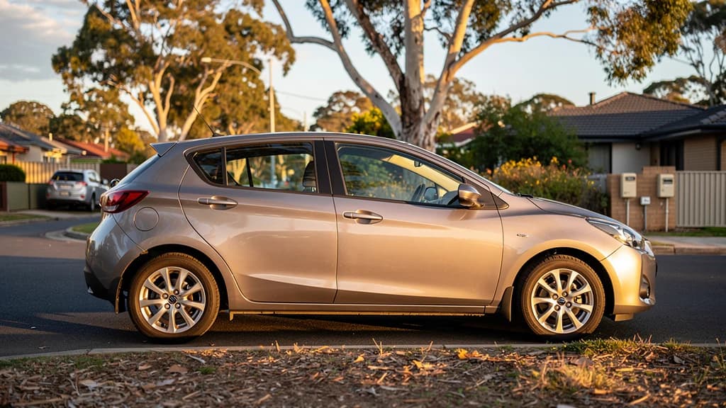 Silver hatchback parked on a quiet residential street in Craigieburn at golden hour, surrounded by gum trees.