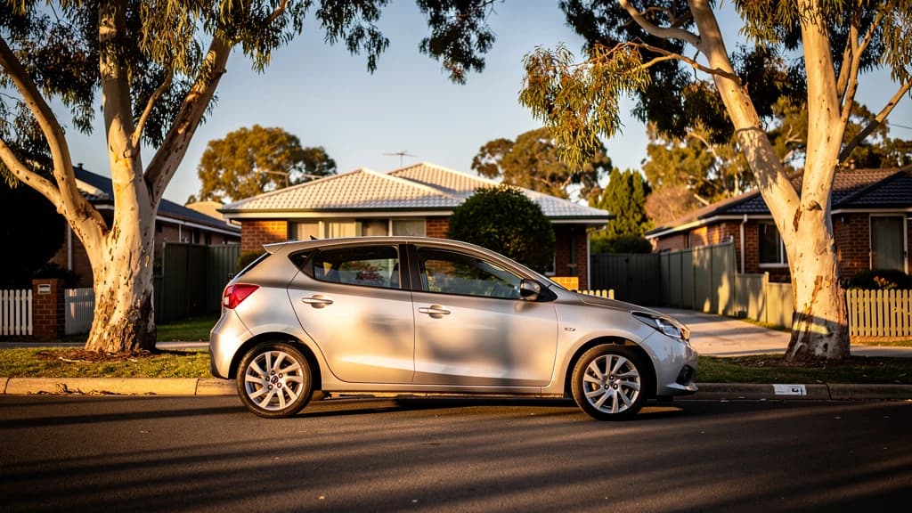 Silver hatchback parked on a quiet residential street in Dandenong, Victoria, beneath tall eucalyptus trees at golden hour.