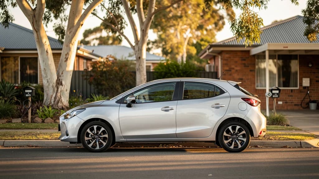 Silver hatchback parked on a quiet residential street in Elizabeth, South Australia, surrounded by gum trees and brick homes.