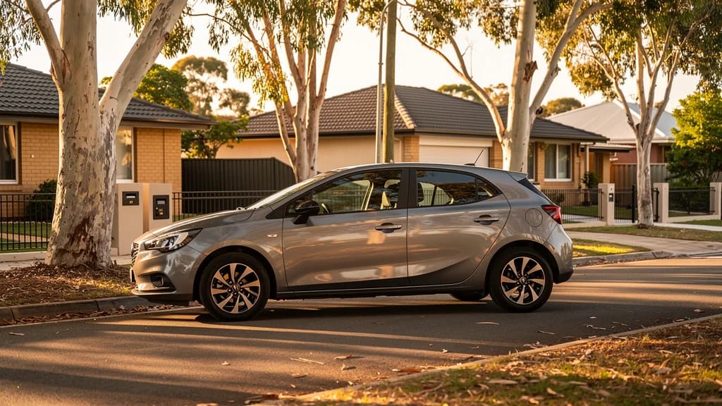 Silver hatchback parked on a quiet residential street in Frankston, Australia, beneath tall eucalyptus trees at golden hour.