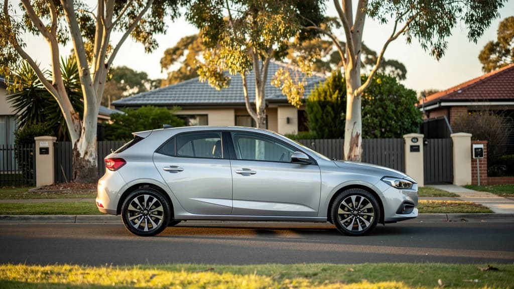 Silver hatchback parked on a quiet residential street in Newcastle, Australia, surrounded by gum trees and suburban homes.