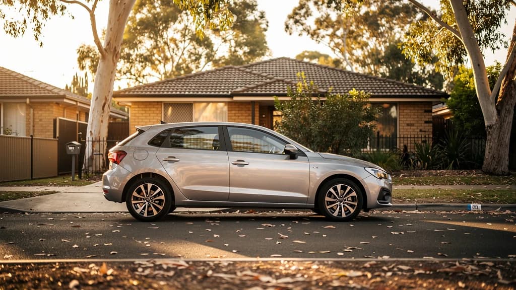 Silver hatchback parked on a quiet residential street in Penrith, surrounded by eucalyptus trees and brick homes.