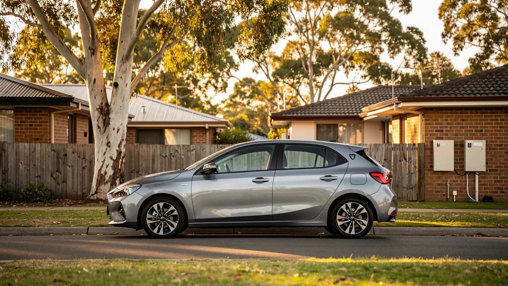 Silver hatchback parked on a quiet residential street in Toowoomba, Australia, surrounded by brick homes and gum trees.