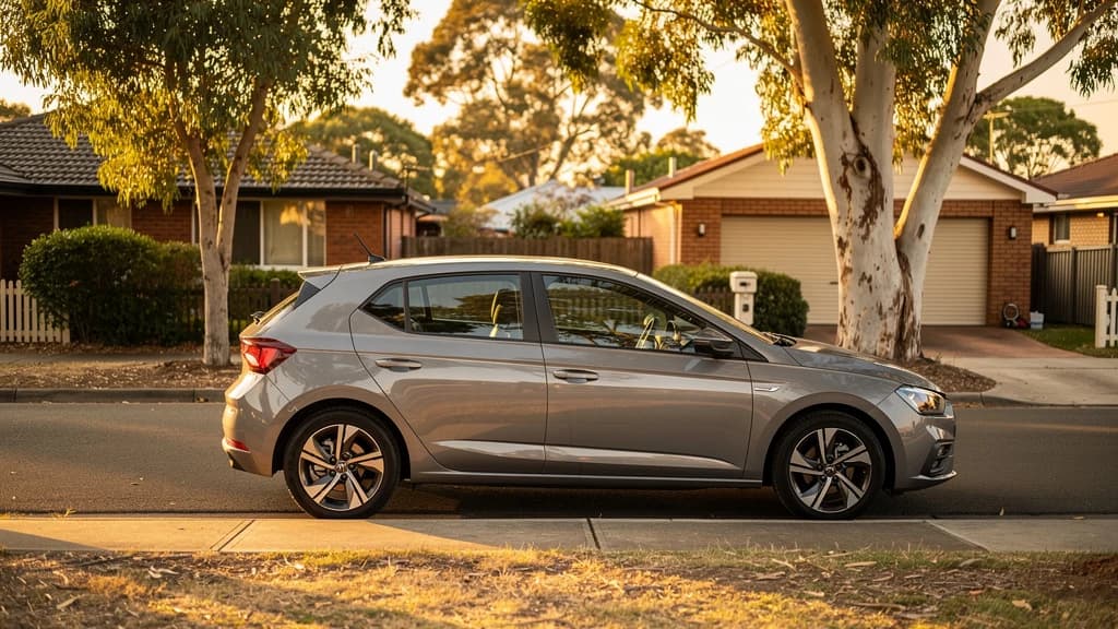 Silver hatchback parked on a quiet residential street in Werribee at golden hour, with gum trees and brick homes in the background.