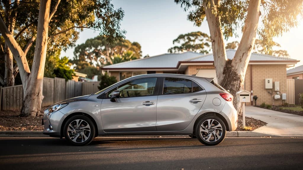 Silver hatchback parked on a quiet suburban Australian street at golden hour, tall gum trees and brick homes in background.