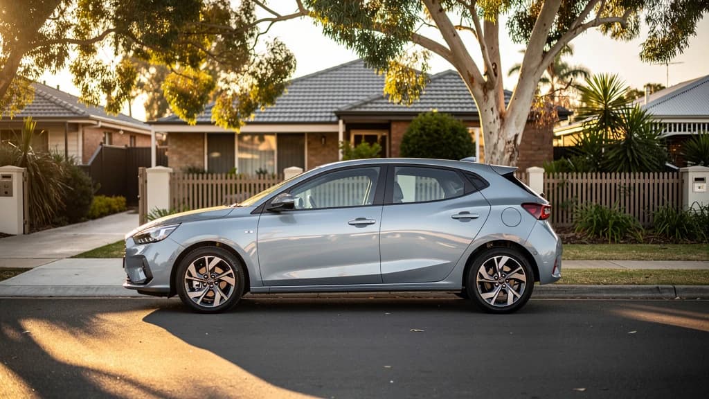 Silver hatchback parked on a quiet suburban Australian street at golden hour, viewed from the side.