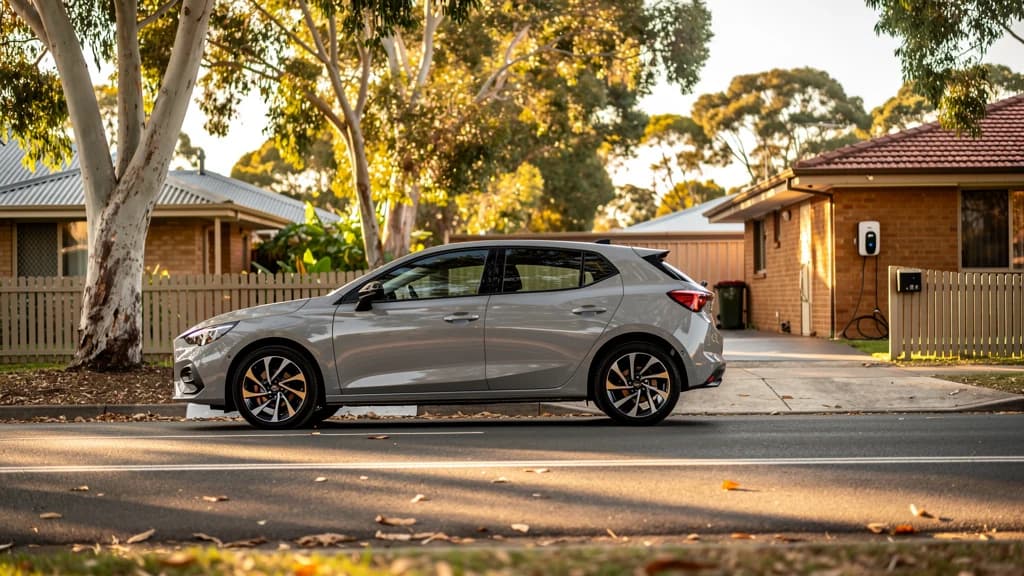 Silver hatchback parked on a quiet suburban Australian street lined with gum trees and brick homes in warm afternoon light.