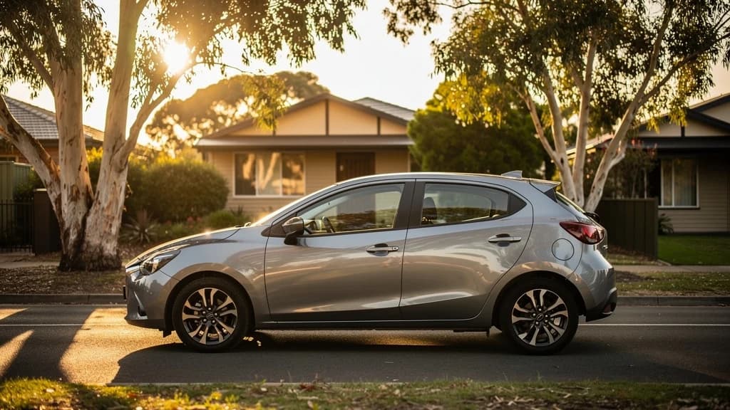 Silver hatchback parked on a quiet suburban Australian street at golden hour, gum trees and brick homes in the background.