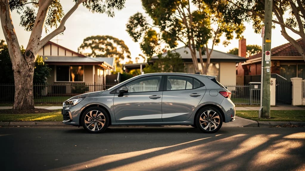 Silver hatchback parked on a quiet suburban Australian street at golden hour, beside a gum tree and brick homes.