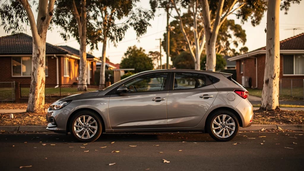 Silver hatchback parked on a quiet suburban Australian street at dusk, gum trees and brick homes in the background.