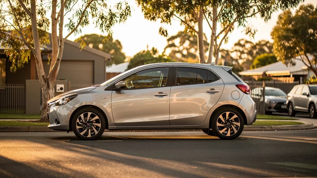 Silver hatchback parked on a quiet suburban street in Caboolture at golden hour with gum trees in the background.