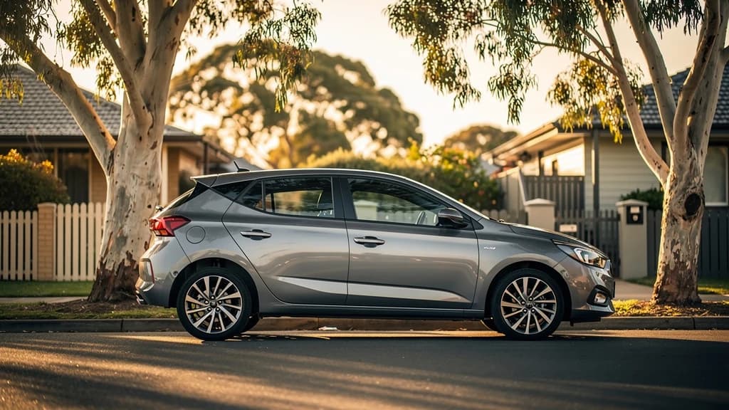 Silver hatchback parked on a quiet suburban street in Liverpool NSW, surrounded by gum trees at golden hour.
