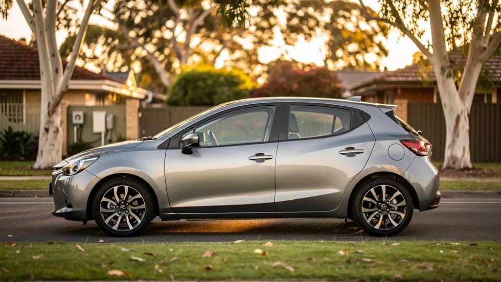 Silver hatchback parked on a quiet suburban street in Logan Central, Australia, at golden hour.
