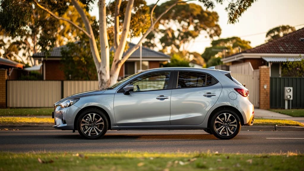 Silver hatchback parked on a quiet suburban street in Mandurah, surrounded by gum trees and brick homes at golden hour.
