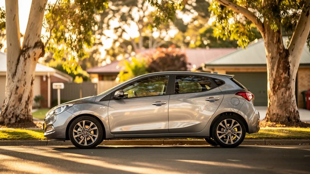 Silver hatchback parked on a quiet suburban street in Mandurah, surrounded by native gum trees in warm afternoon light.