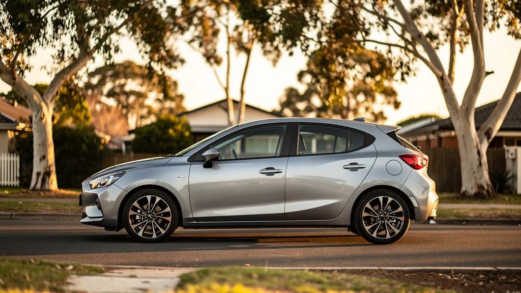 Silver hatchback parked on a quiet suburban street in Midland WA at golden hour, with gum trees in the background.